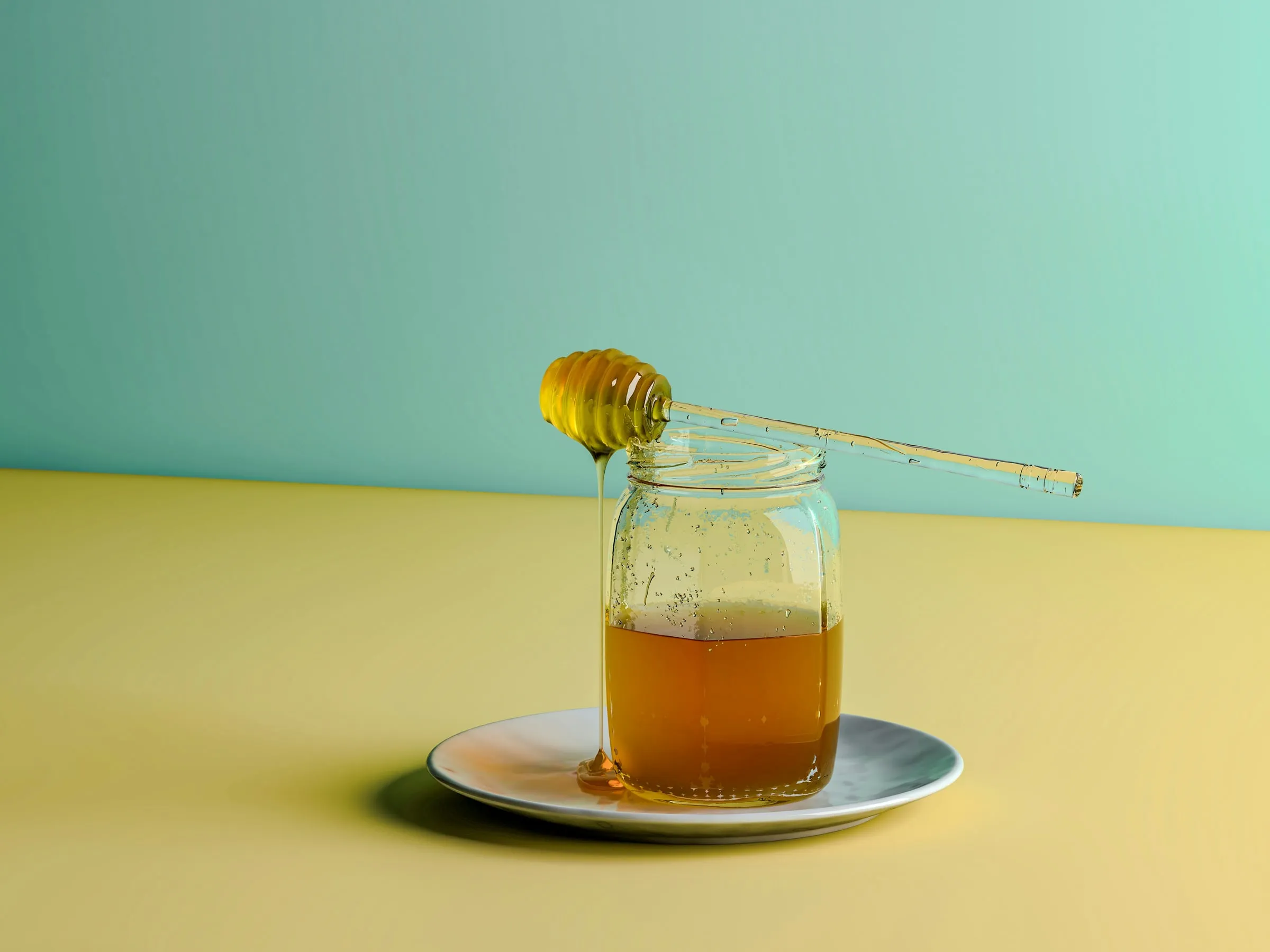 A jar of light honey with a flower on a pale blue background